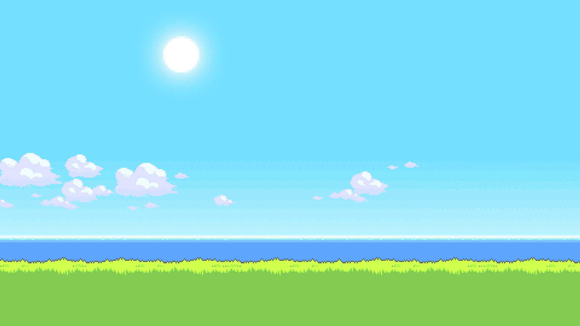 Umaimagem Pixelizada De Um Campo Gramado Com Um Céu Azul Papel de Parede