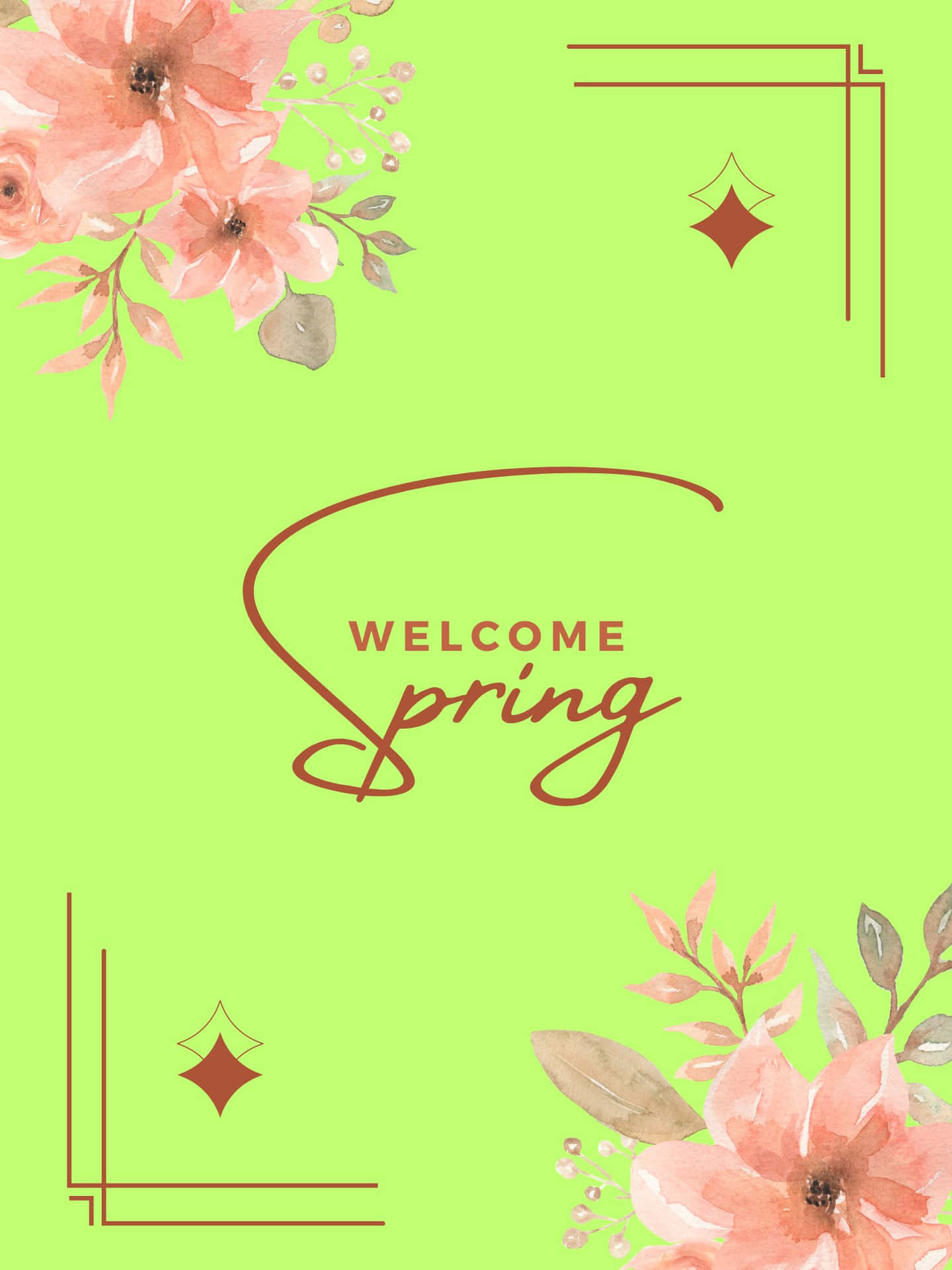Welcome Spring Card With Flowers On A Green Background Wallpaper