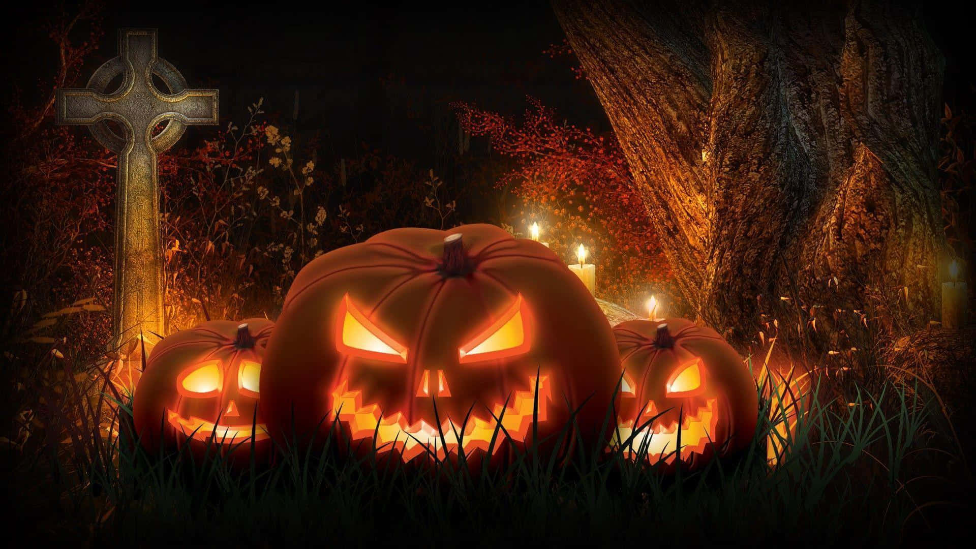 Unaescena De Halloween Con Una Calabaza De Jack-o'-lantern, Un Espantapájaros Aterrador Y Un Cementerio Lleno De Niebla. Fondo de pantalla