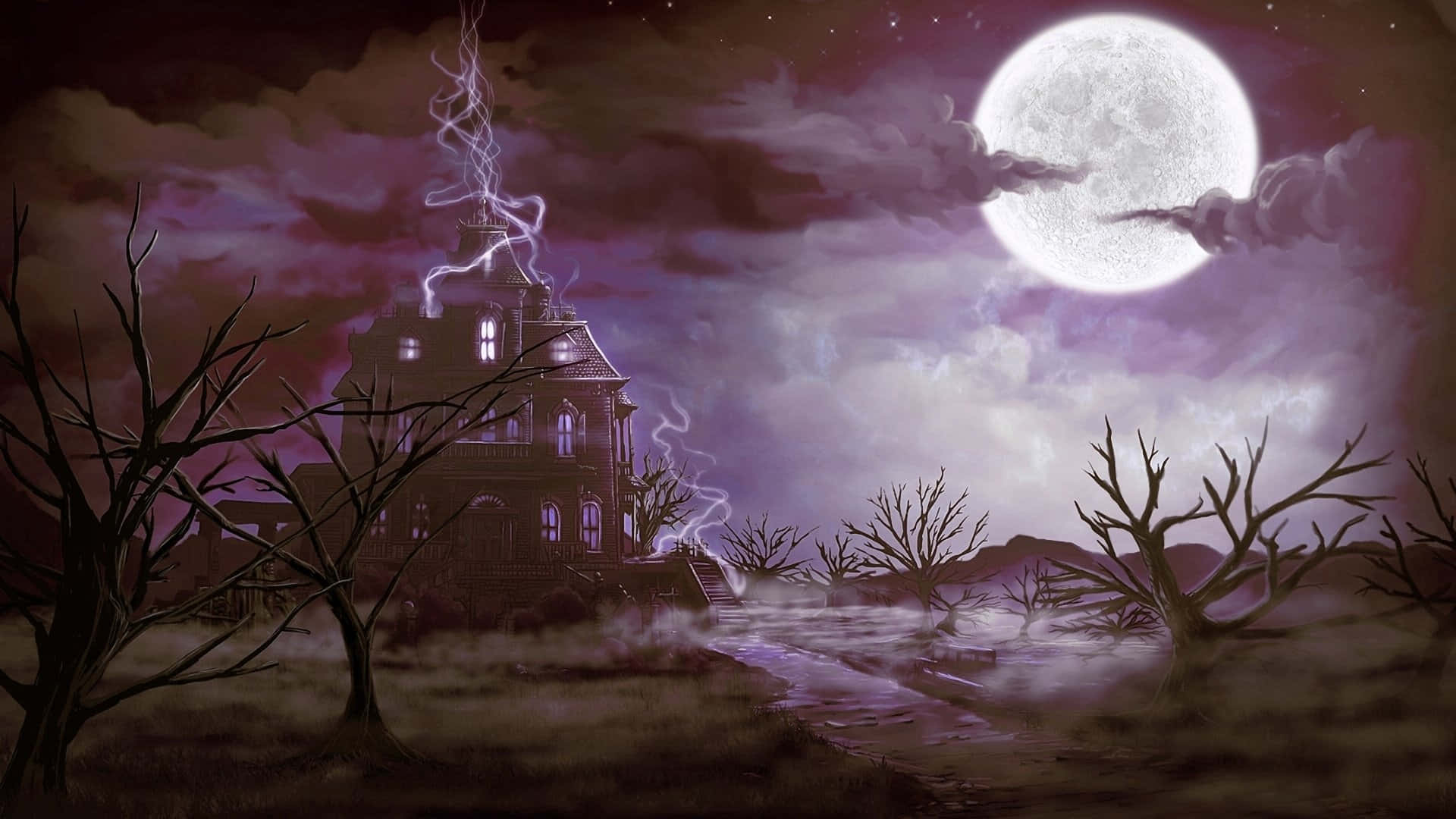 Unapintura De Una Casa Embrujada Con Una Luna Llena Fondo de pantalla