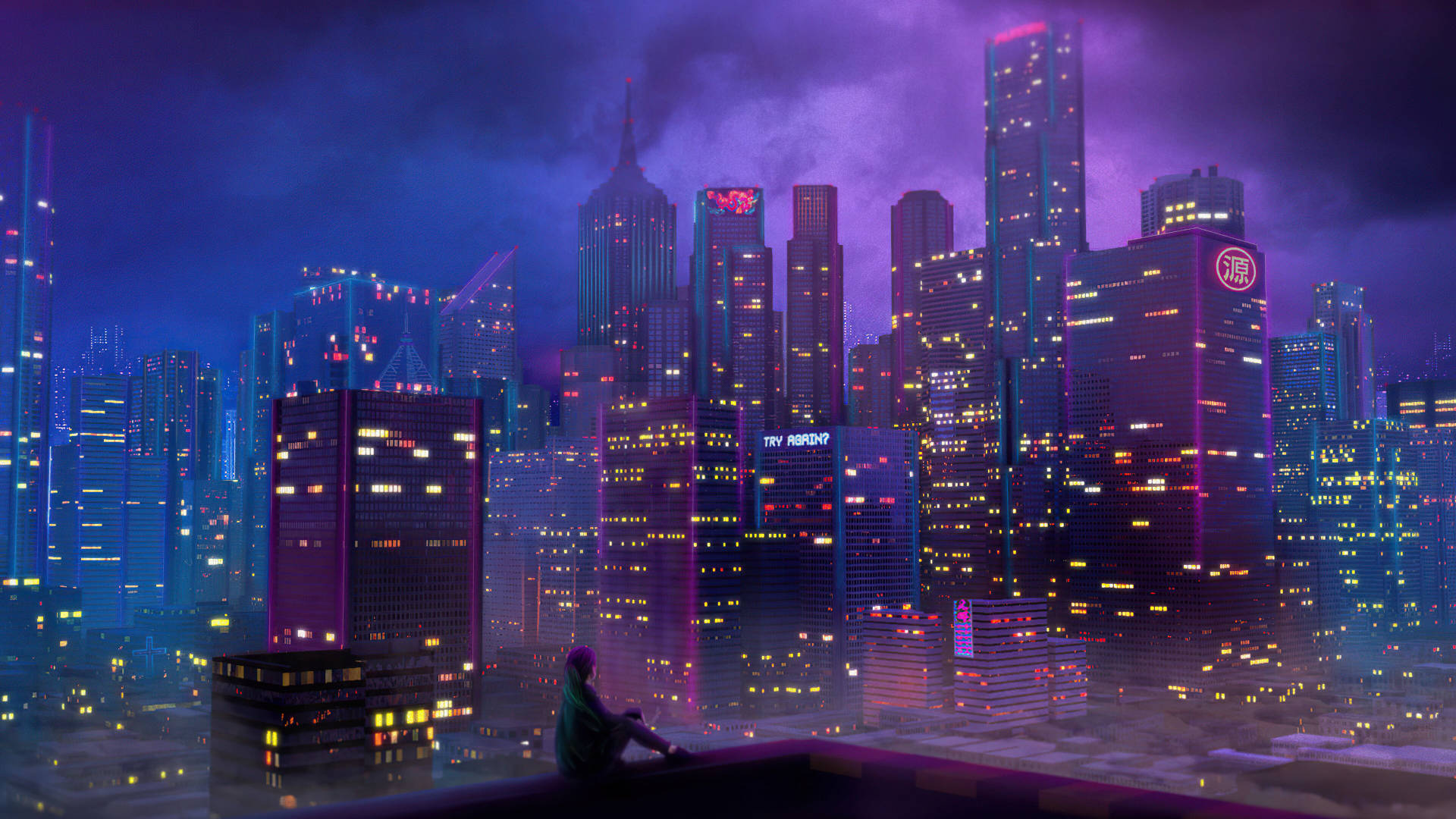 1920 X 1080 Night City Woman On Rooftop