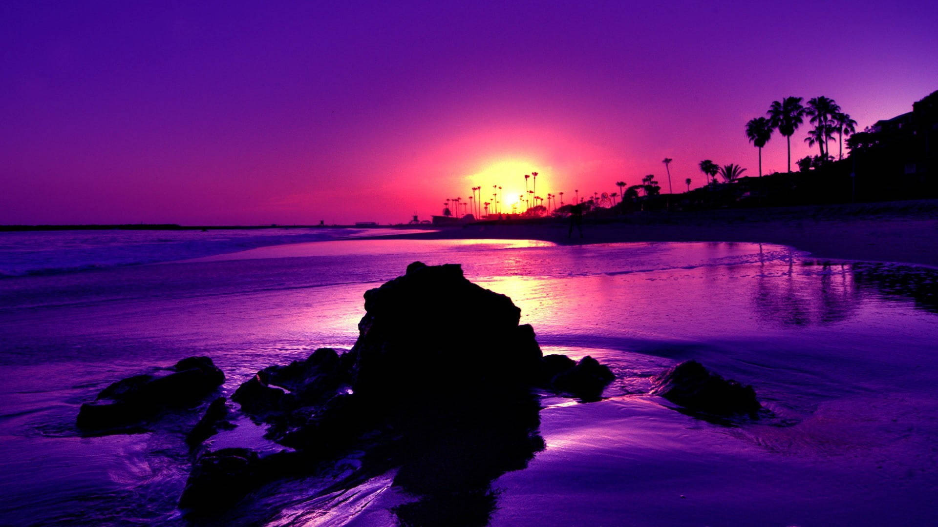 1920x1080 4k Purple Sunset At Beach Wallpaper