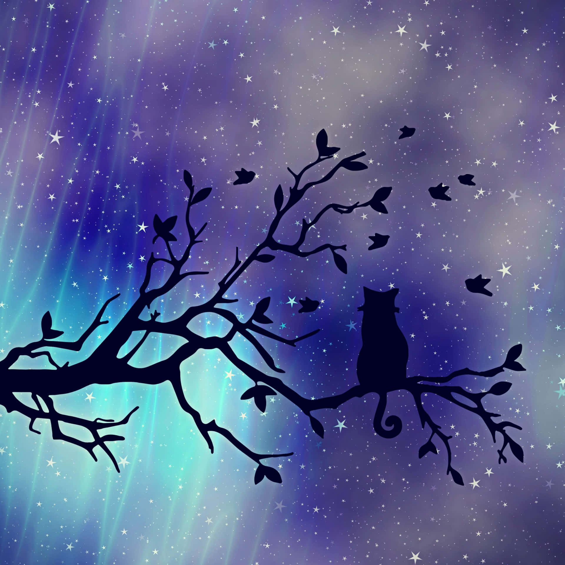 A Cat Sitting On A Tree Branch With Stars In The Sky Wallpaper