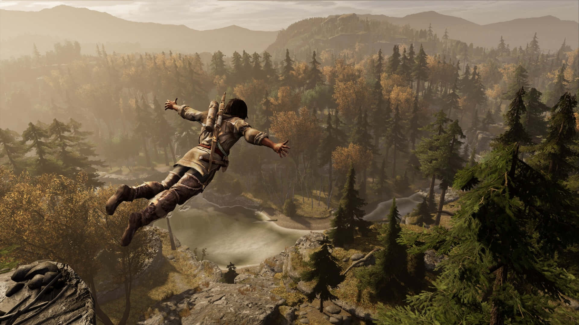 A Man Is Flying Over A Cliff In A Video Game