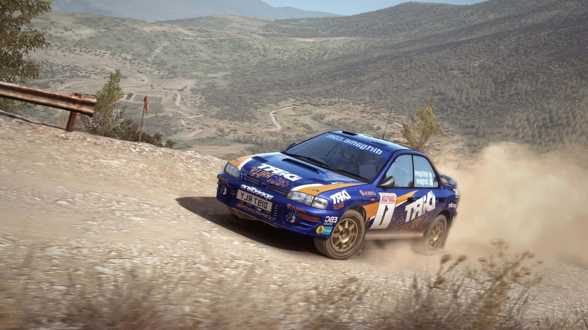 An action shot of an adventure-packed Dirt Rally race