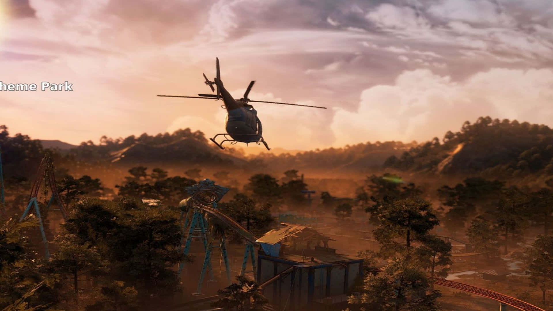 Unhelicóptero Volando Sobre Un Parque Con Árboles