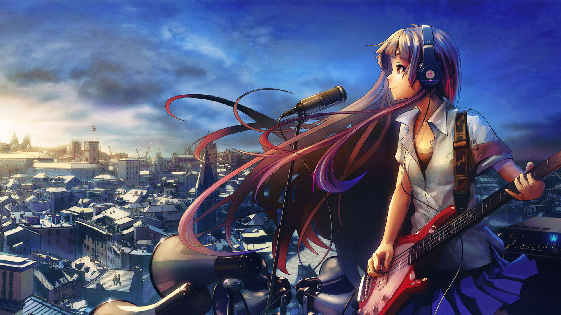 Download 1920x1080 Full Hd Anime Girl Playing Guitar On Rooftop Wallpaper |  