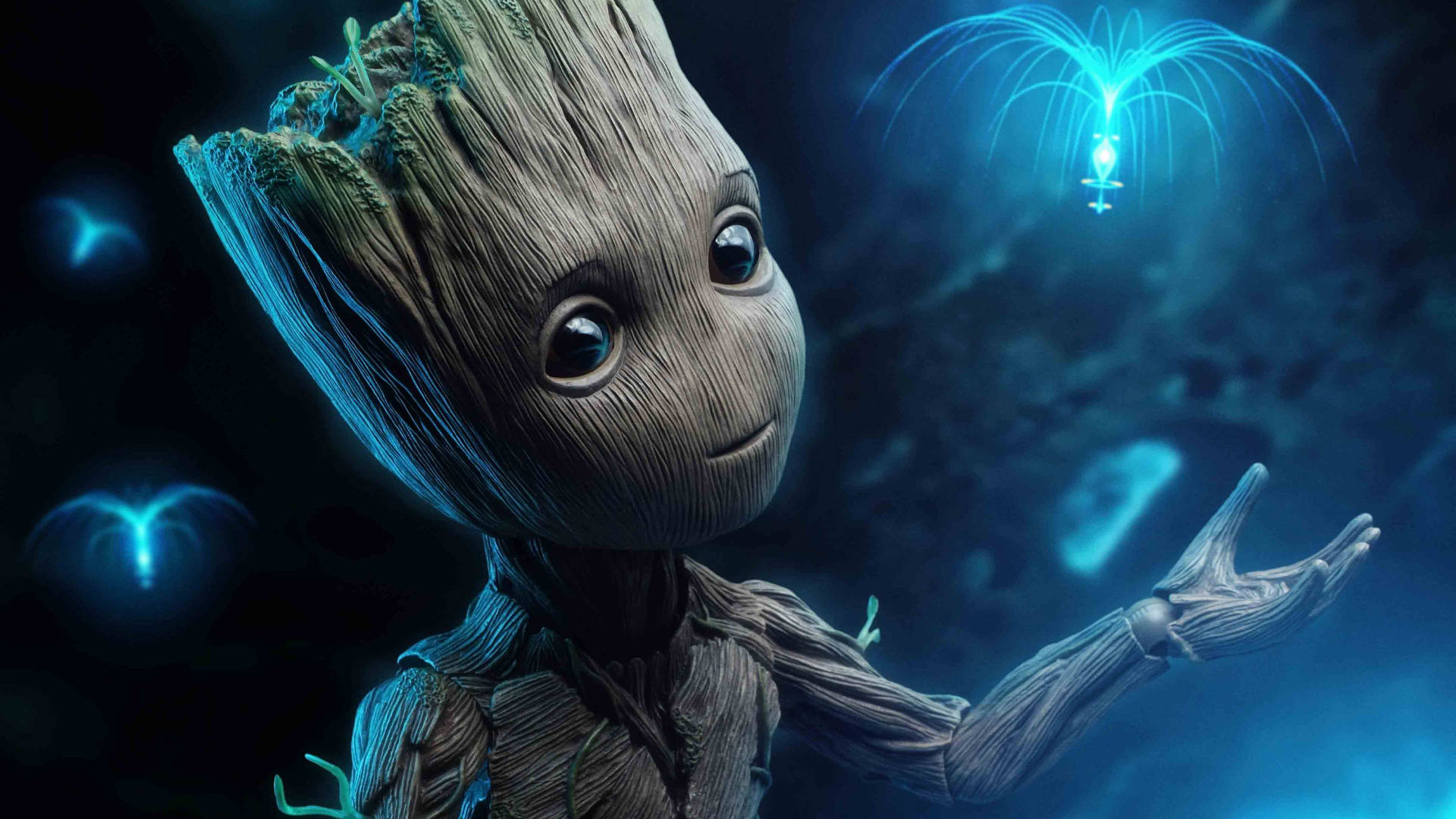 1920x1080 Hd Groot With Blue Wisp Background
