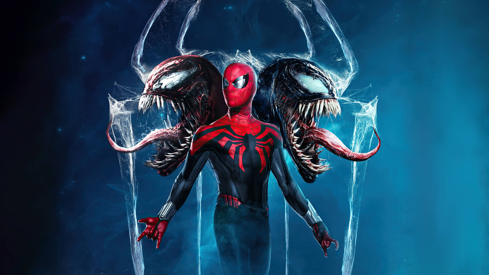 1920x1080 Hd Spiderman Between Venom Heads Background