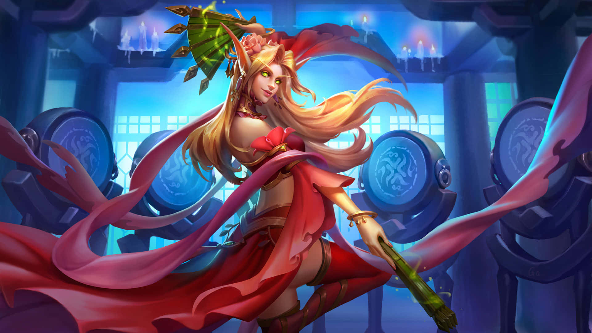 A Woman In A Red Dress With Long Hair And A Sword