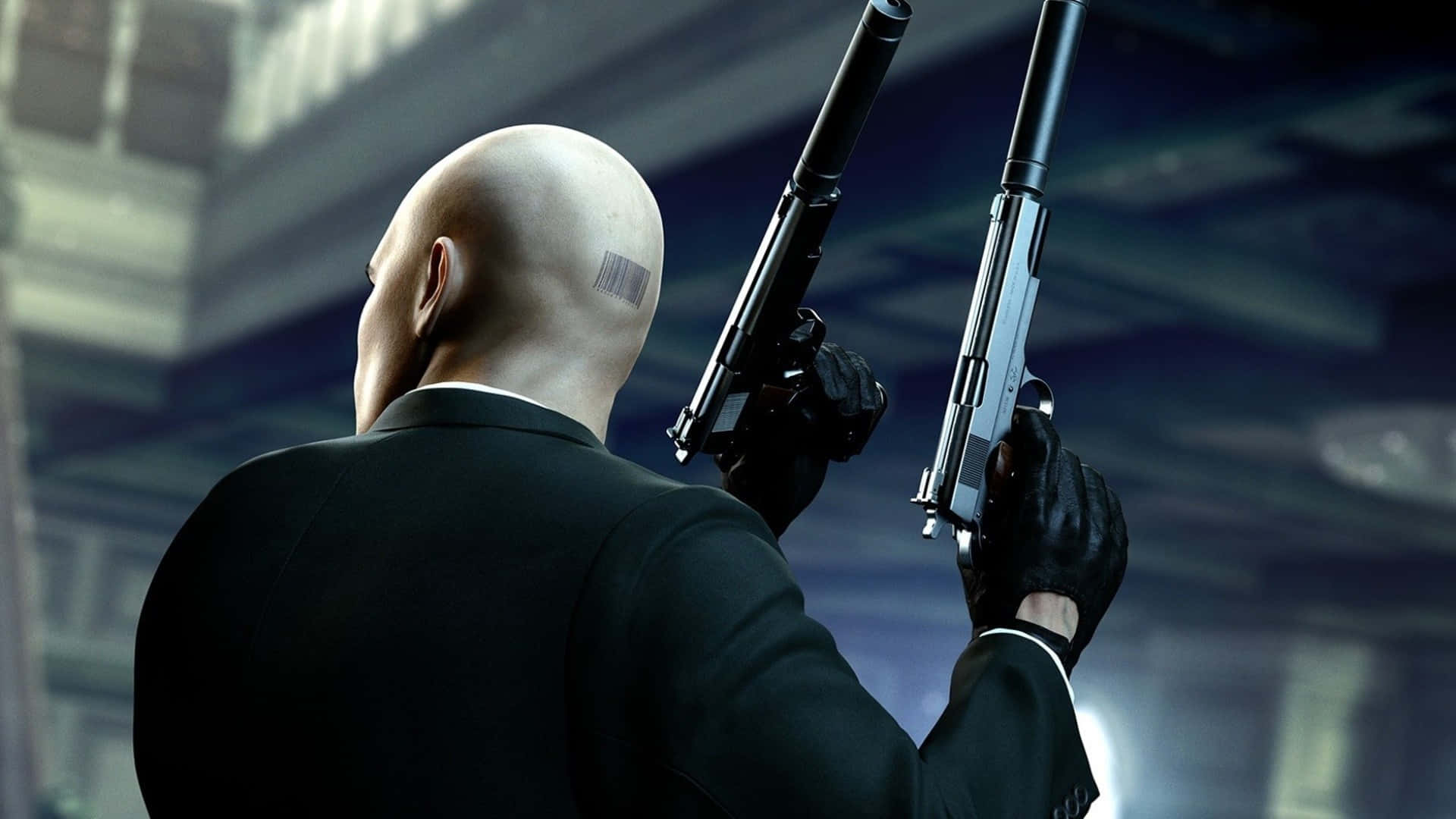 Agent 47 takes aim in a beautiful outdoor environment