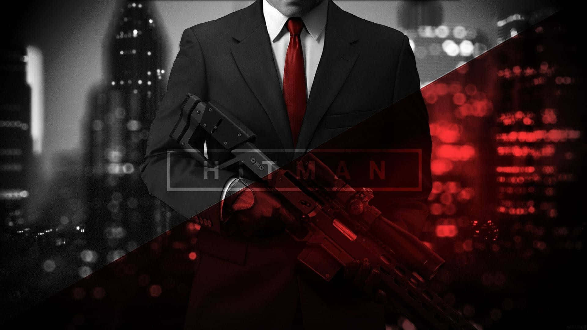A Man In A Suit Holding A Gun In Front Of A City