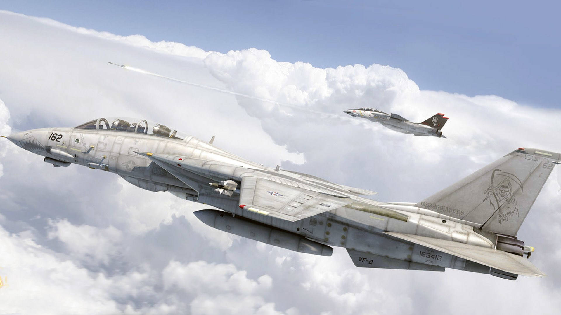 Et luftfoto af en ultra-hurtig jet mod en baggrund af skylende skyer. Wallpaper