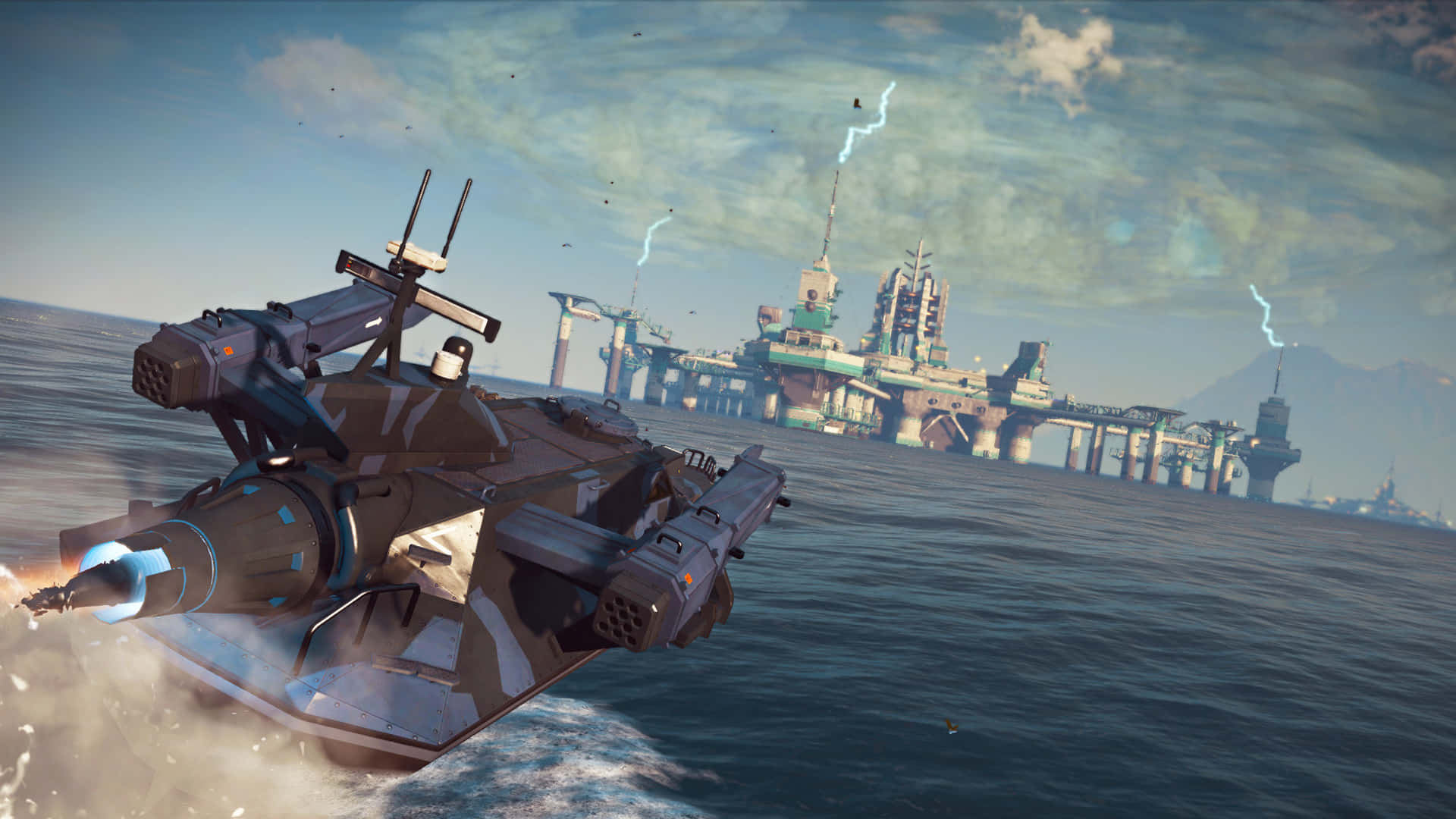 A Ship Is Flying Over The Ocean In A Video Game