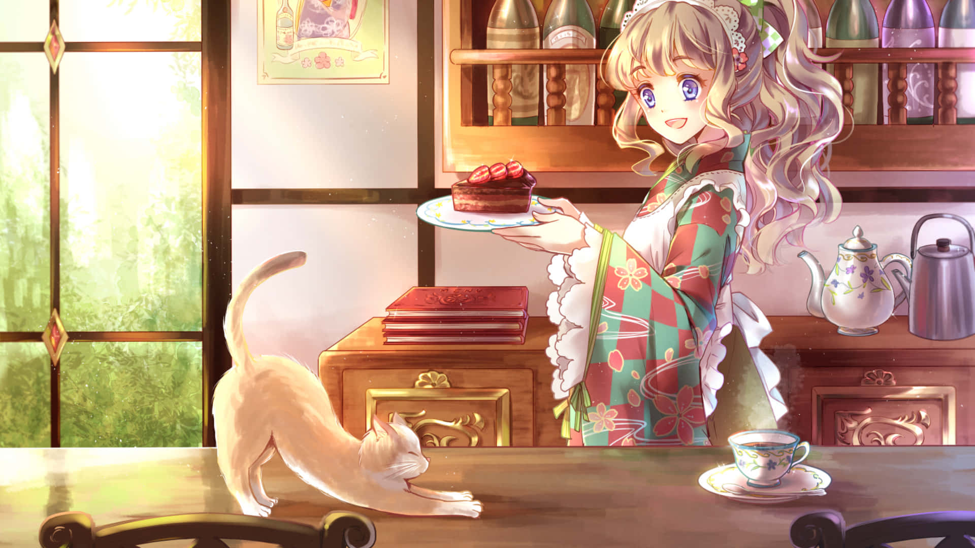 Anime Girl Holding Cake Plate 1920x1080 Kitchen Background