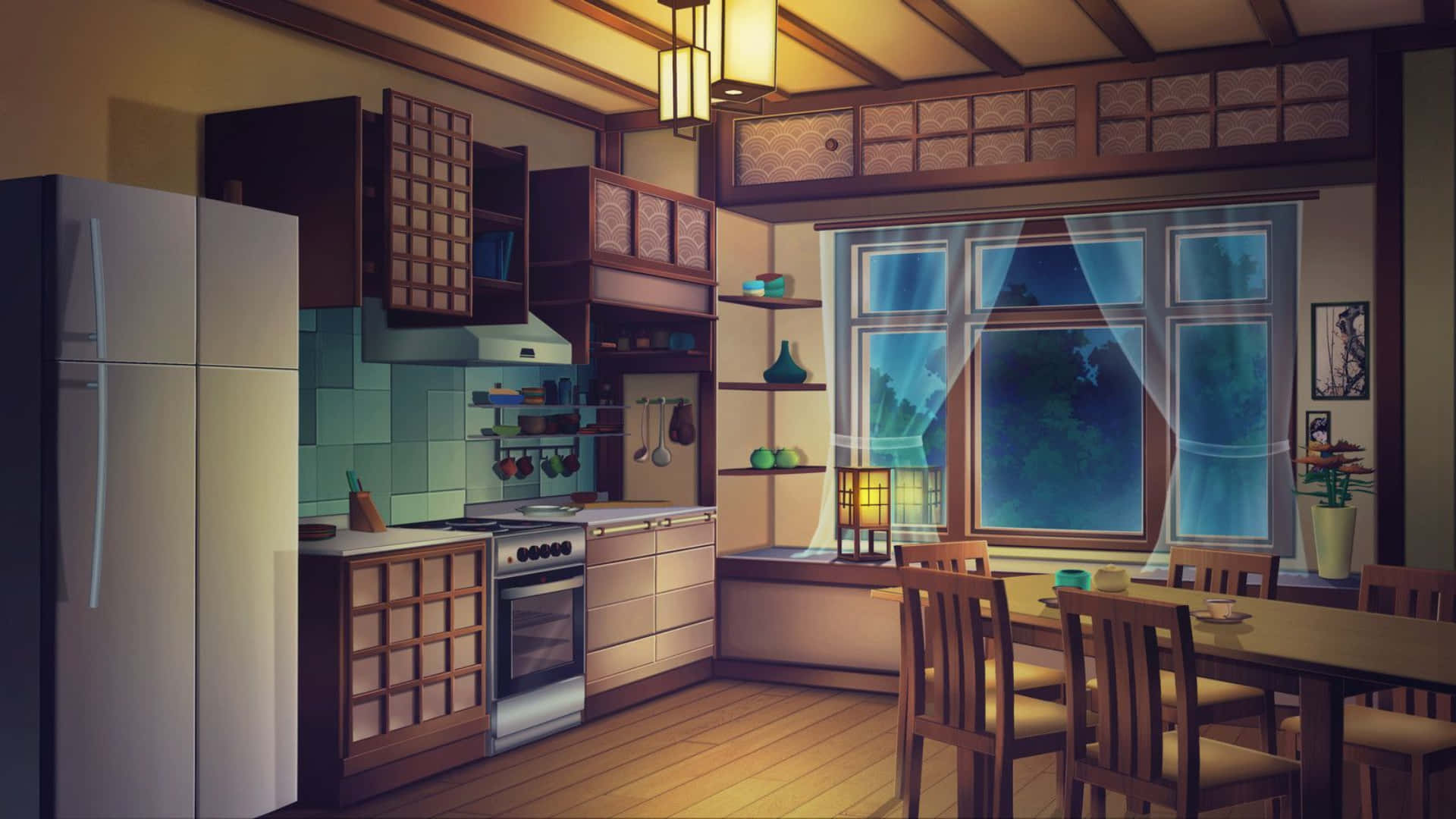 green kawaii anime girl eating pancakes in kitchen