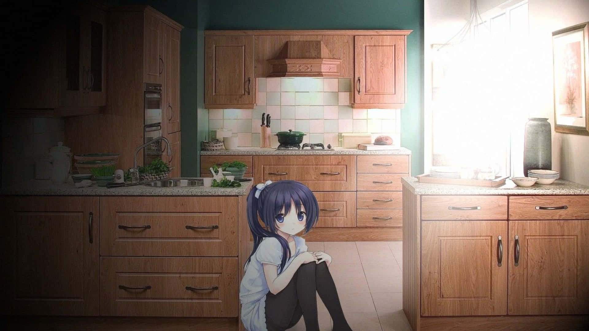 Anime Girl Sitting On Floor 1920x1080 Kitchen Background