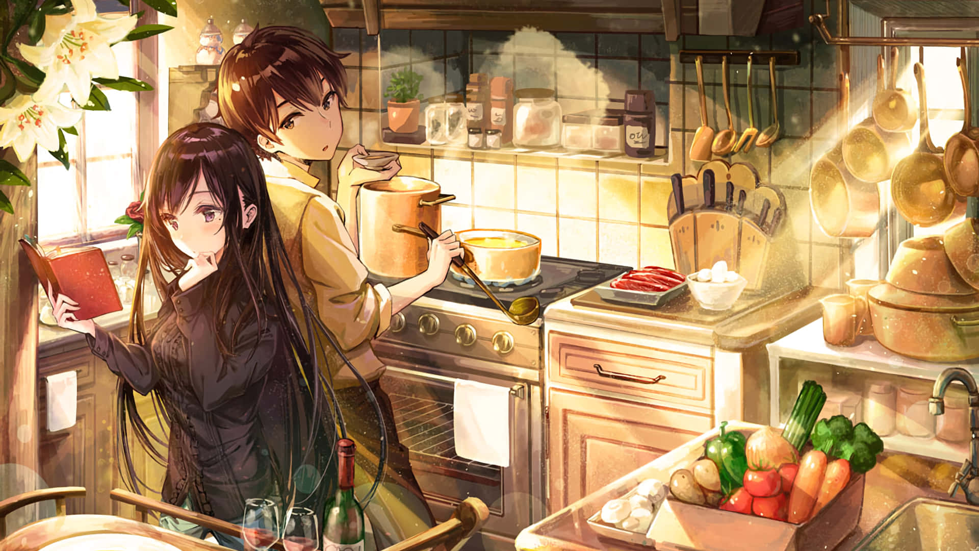 Cooking Anime Couple 1920x1080 Kitchen Background