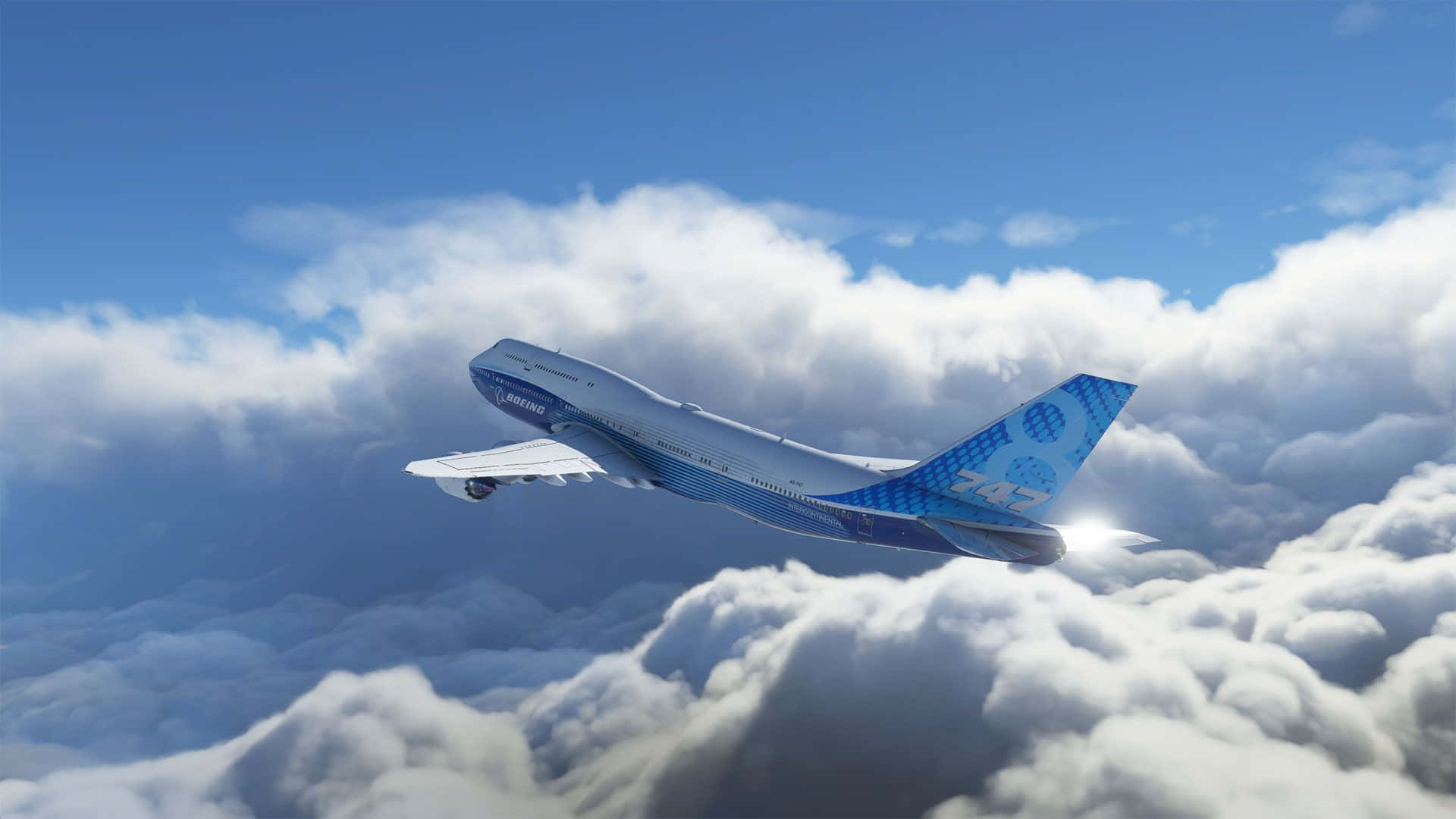 Einblaues Und Weißes Flugzeug, Das Durch Die Wolken Fliegt.