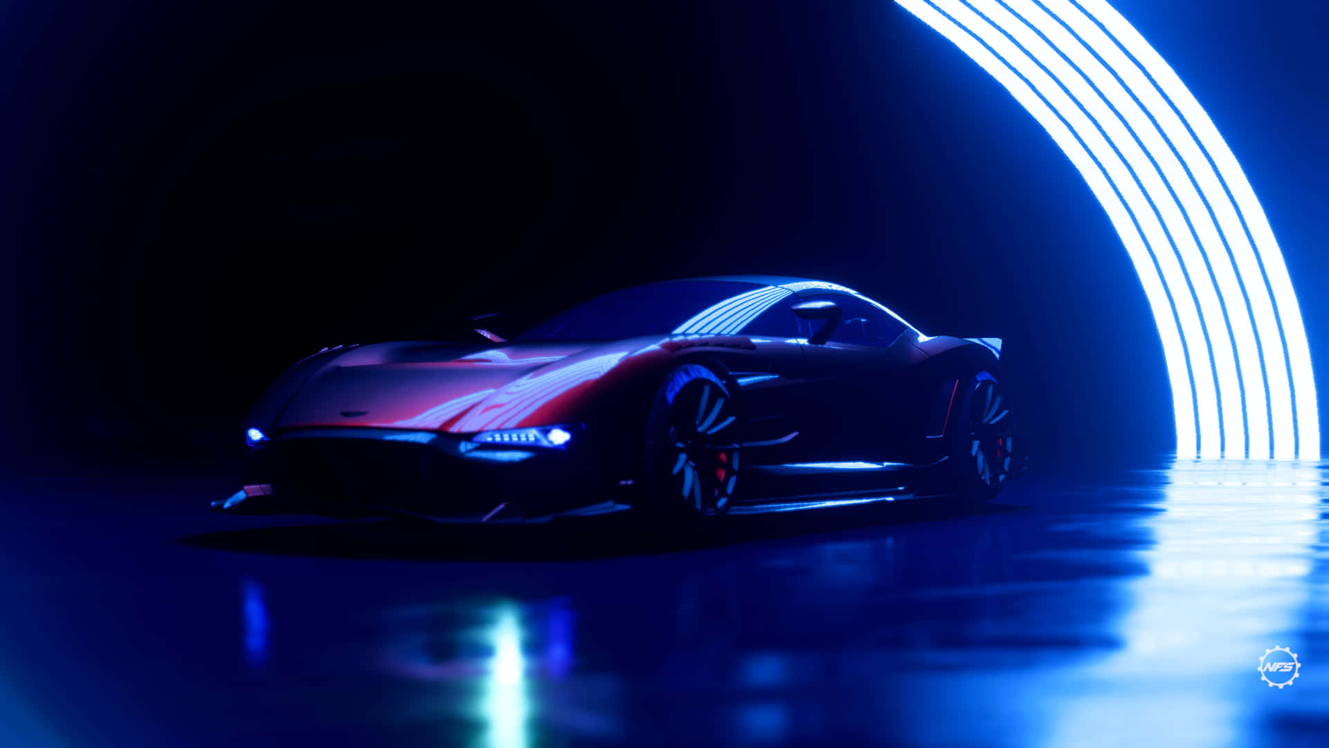 a futuristic car is shown in a dark tunnel