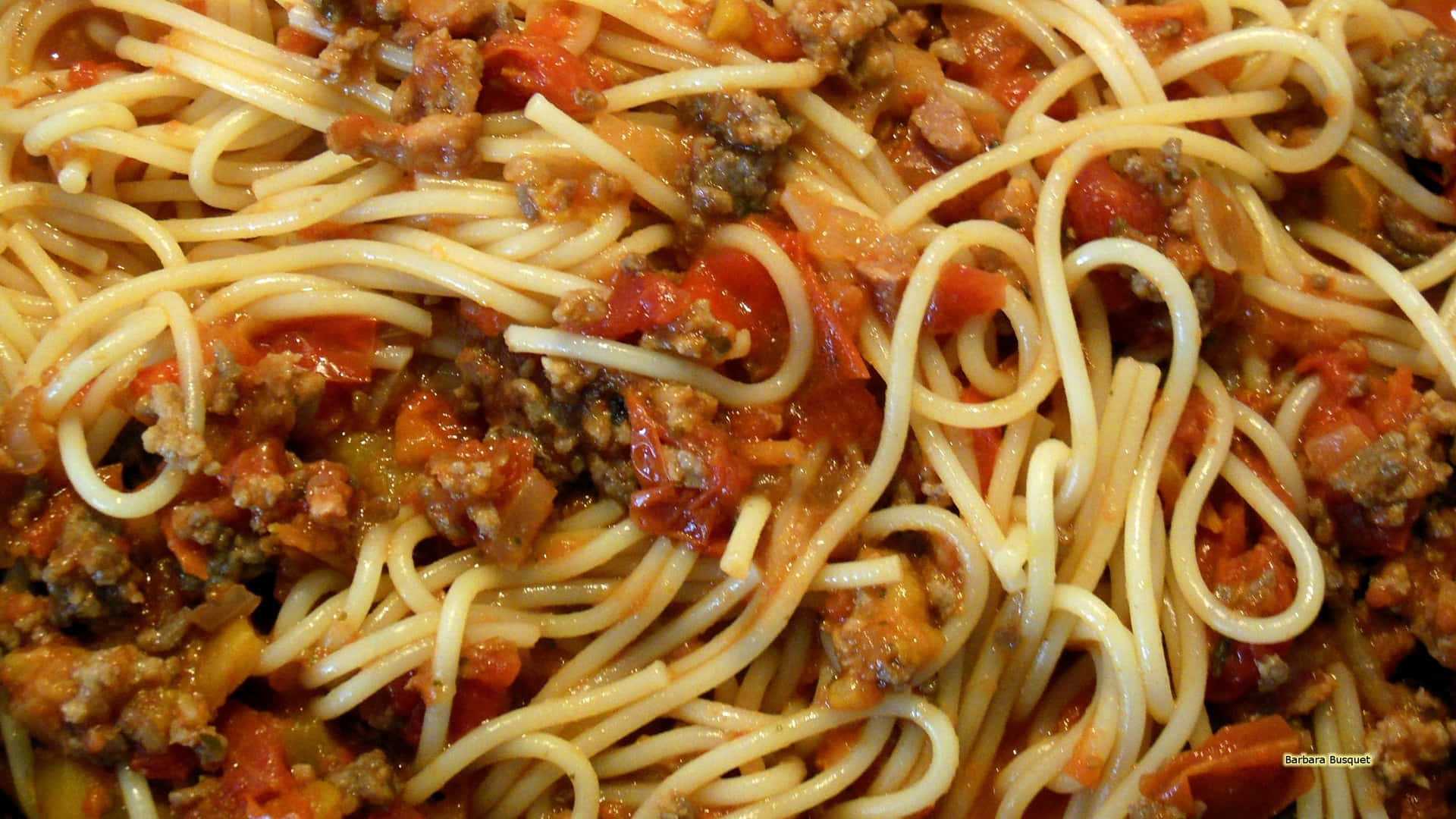 Tomater og okse spaghetti 1920x1080 Pasta baggrund