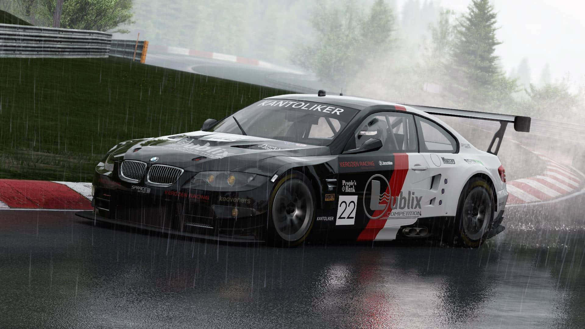 A Race Car Driving In The Rain