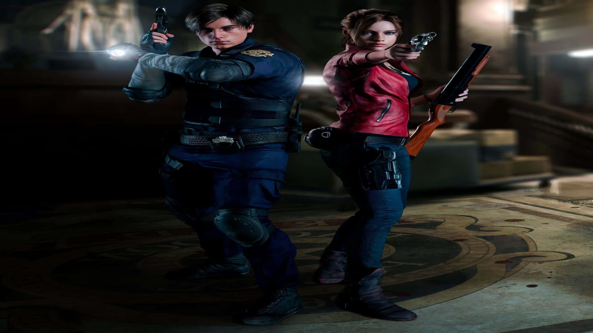 1920x1080hintergrundbild Resident Evil 2 Leon Und Claire Mit Gezogenen Waffen