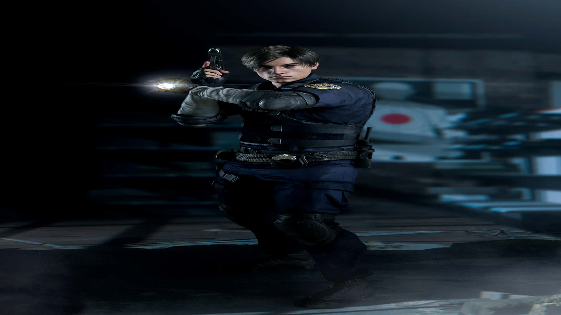 1920x1080 Resident Evil 2 Background Leon Kennedy Flashlight And Gun Drawn