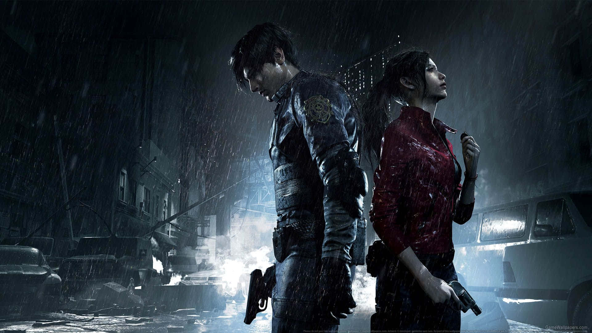 1920x1080 Resident Evil 2 Baggrund Claire og Leon Mørk Spil Poster Tapet