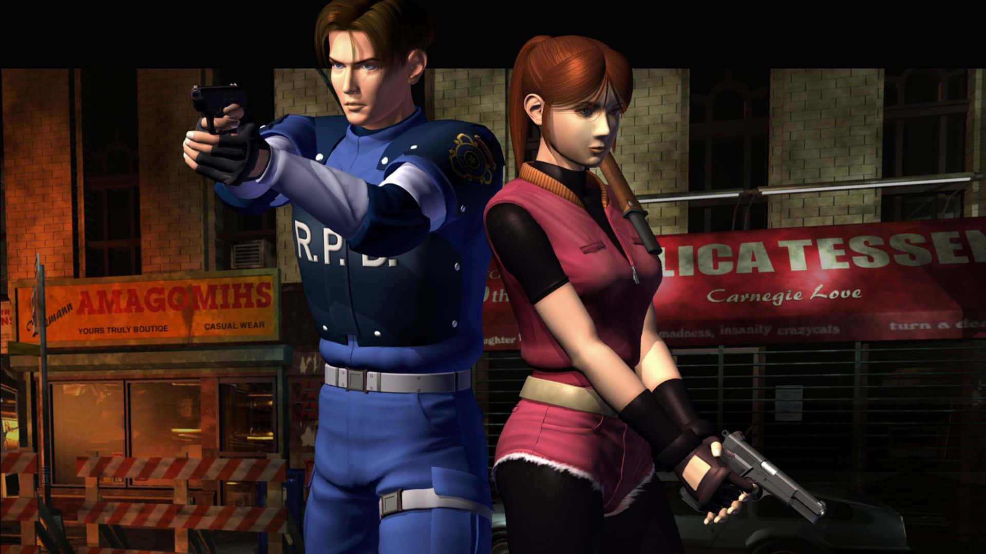 1920x1080bakgrundsbild För Resident Evil 2 Med Leon Och Claire Från Det Ursprungliga Spelet.