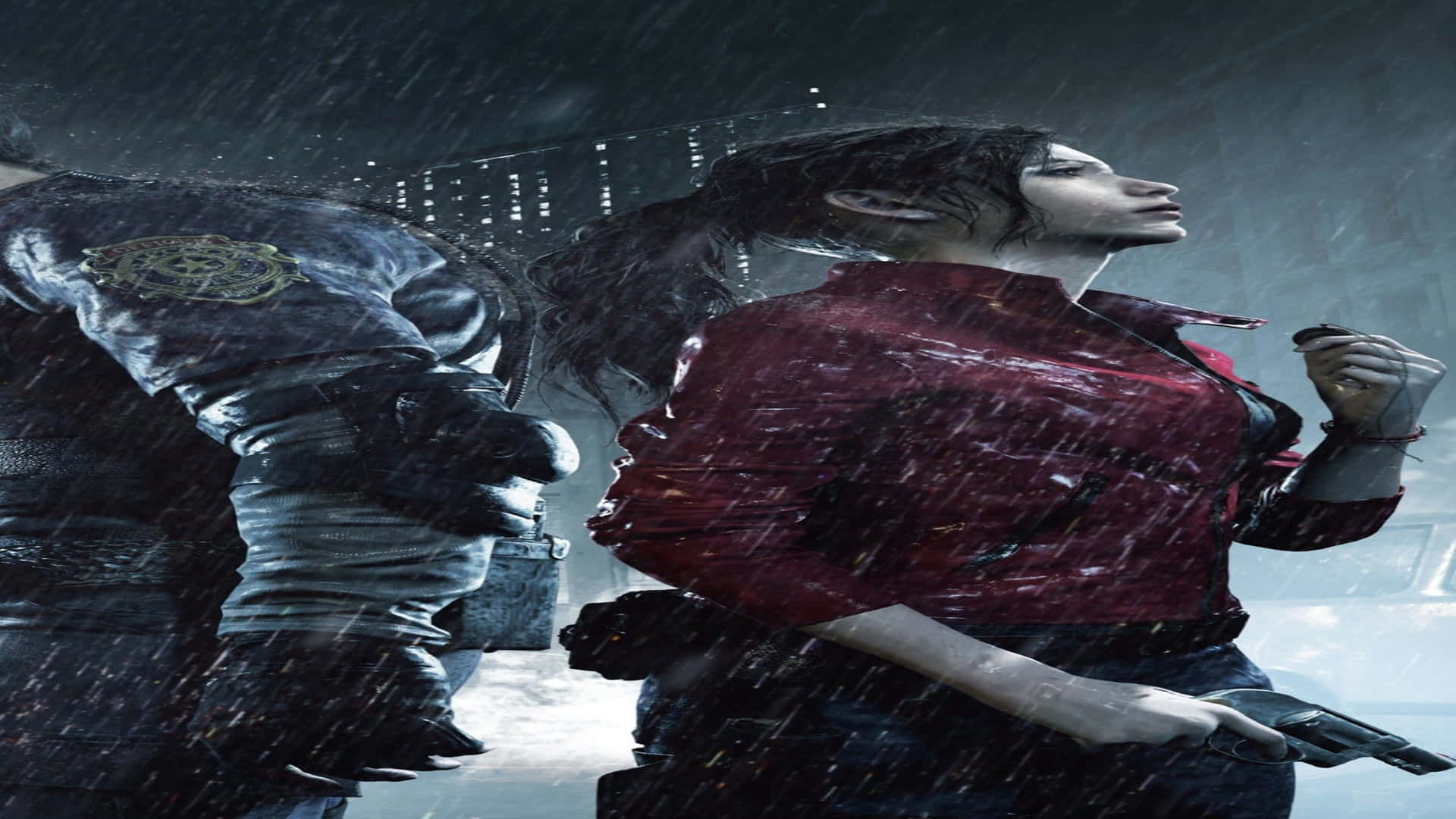 Løbende Resident Evil 2 Baggrund Claire Redfield I Regnen