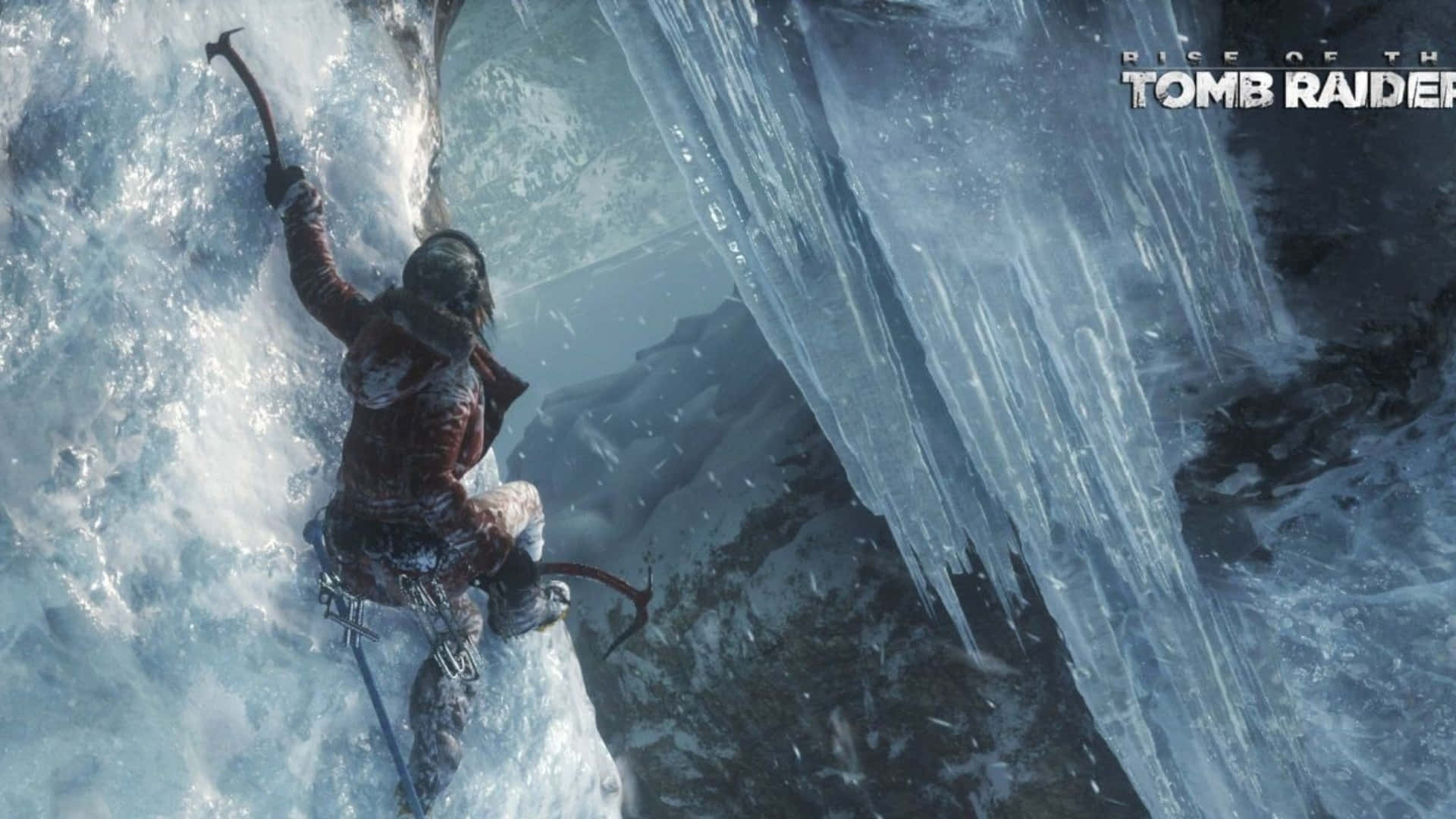 1920x1080 Rise Of The Tomb Raider Lara Croft Climbing Ice Cliff Background