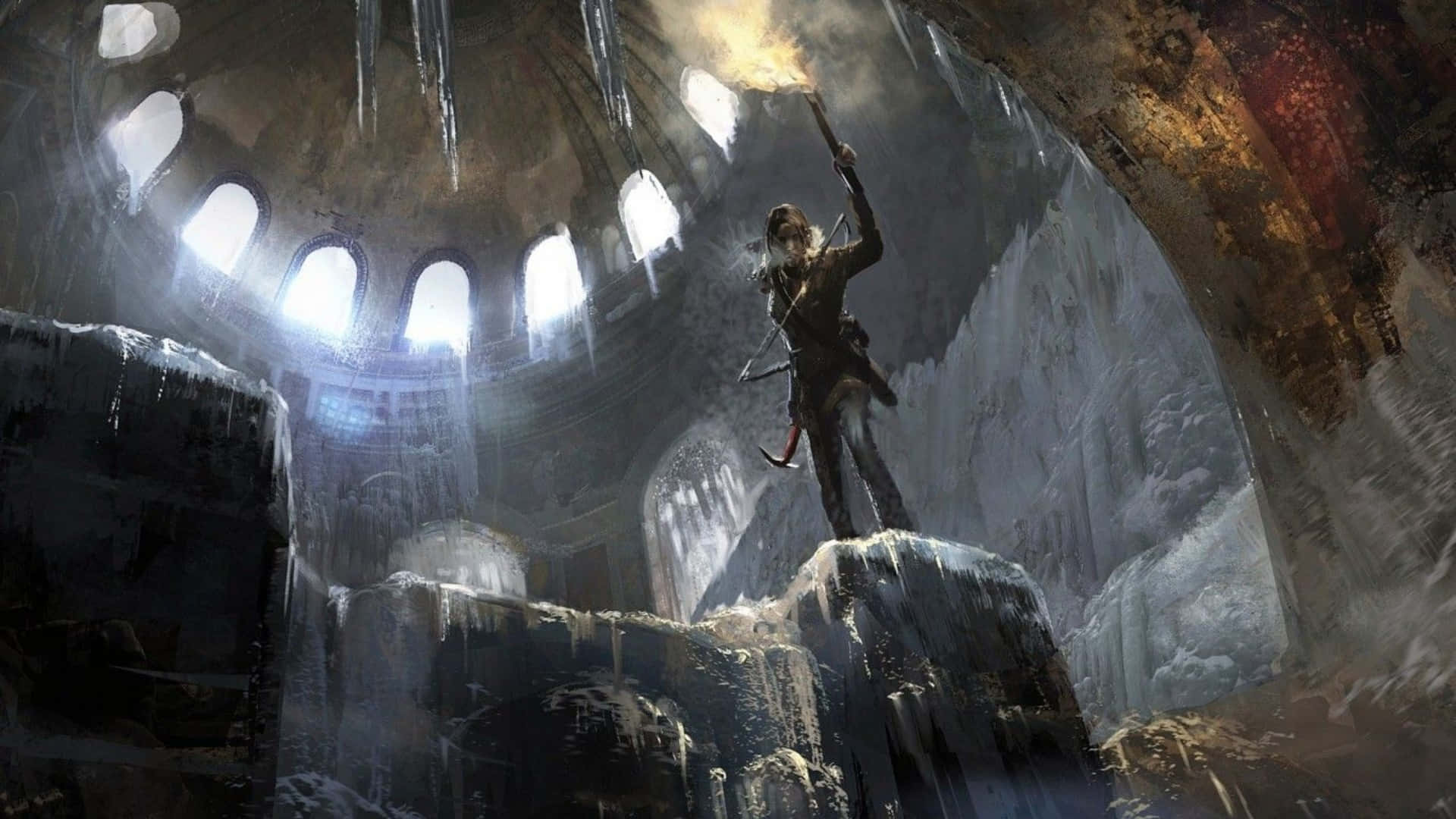 Laracroft Inne I Underjordiskt Slagfält 1920x1080 Rise Of The Tomb Raider Bakgrund.