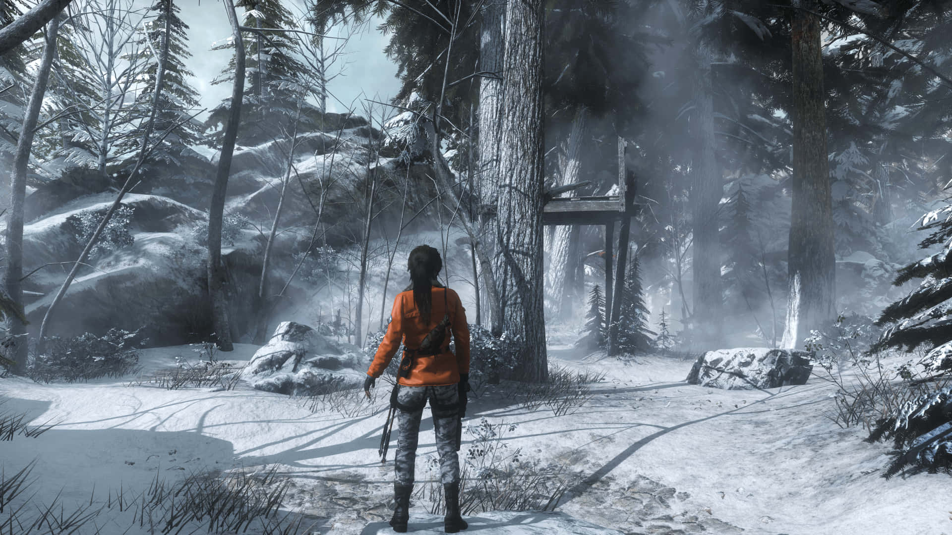Laracroft Nel Mezzo Di Una Foresta Nevosa 1920x1080 Sfondo Rise Of The Tomb Raider