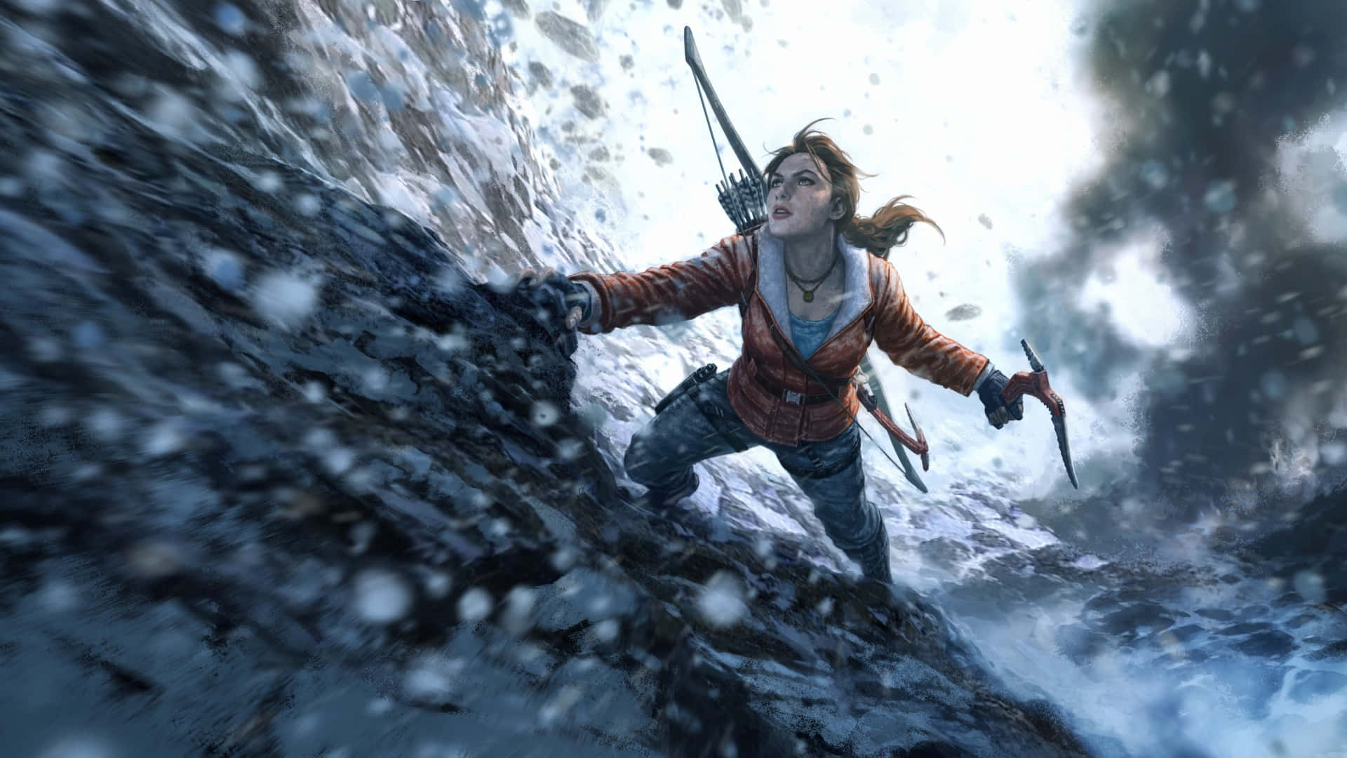 Sfondo1920x1080 Di Rise Of The Tomb Raider Con Lara Croft Che Scala Una Scogliera.