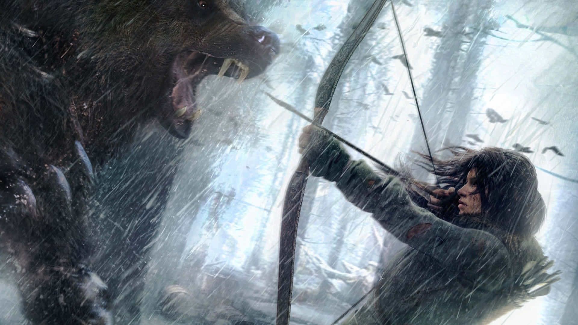 1920x1080rise Of The Tomb Raider Lara Croft Pelea Con Arco Y Flecha Contra Bestias En El Fondo.