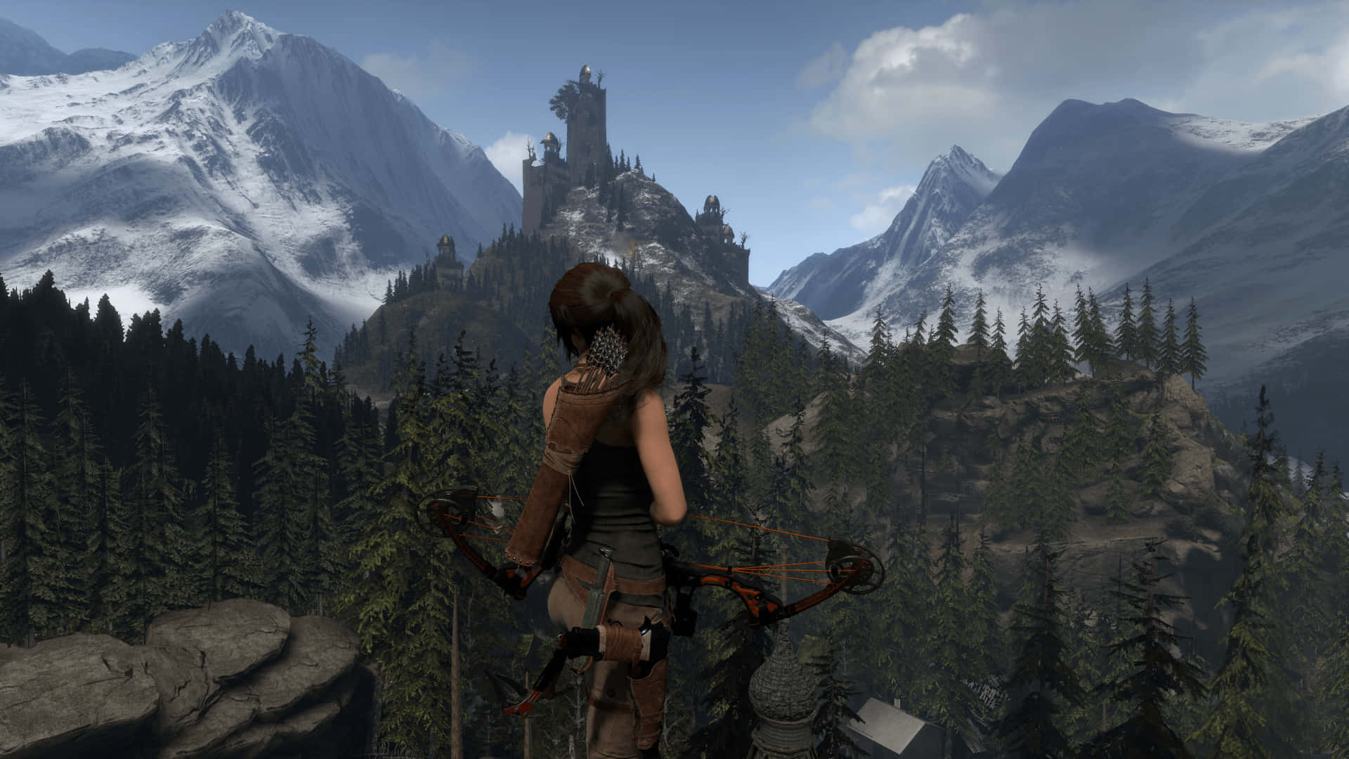 1920x1080rise Of The Tomb Raider, Lara Croft Med Båge Och Pil På Toppen Av Berget Som Bakgrundsbild.