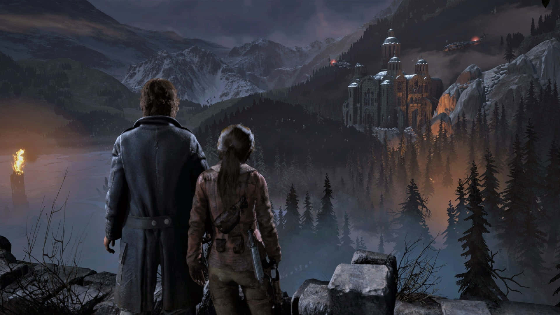 Lara Croft And Game Character Jacob 1920x1080 Rise Of The Tomb Raider Mountain Background