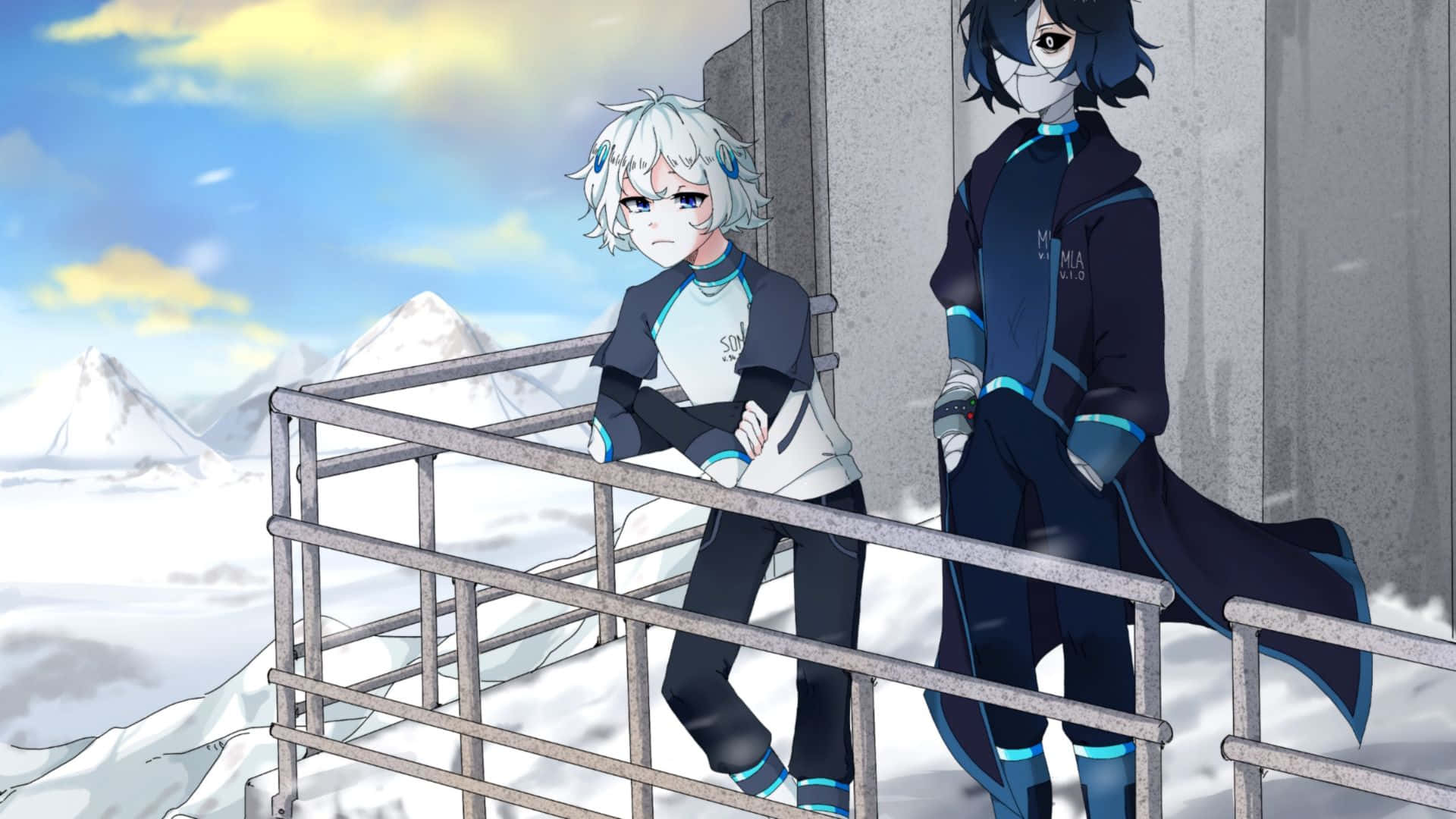 Two Anime Characters Standing On A Balcony In The Snow