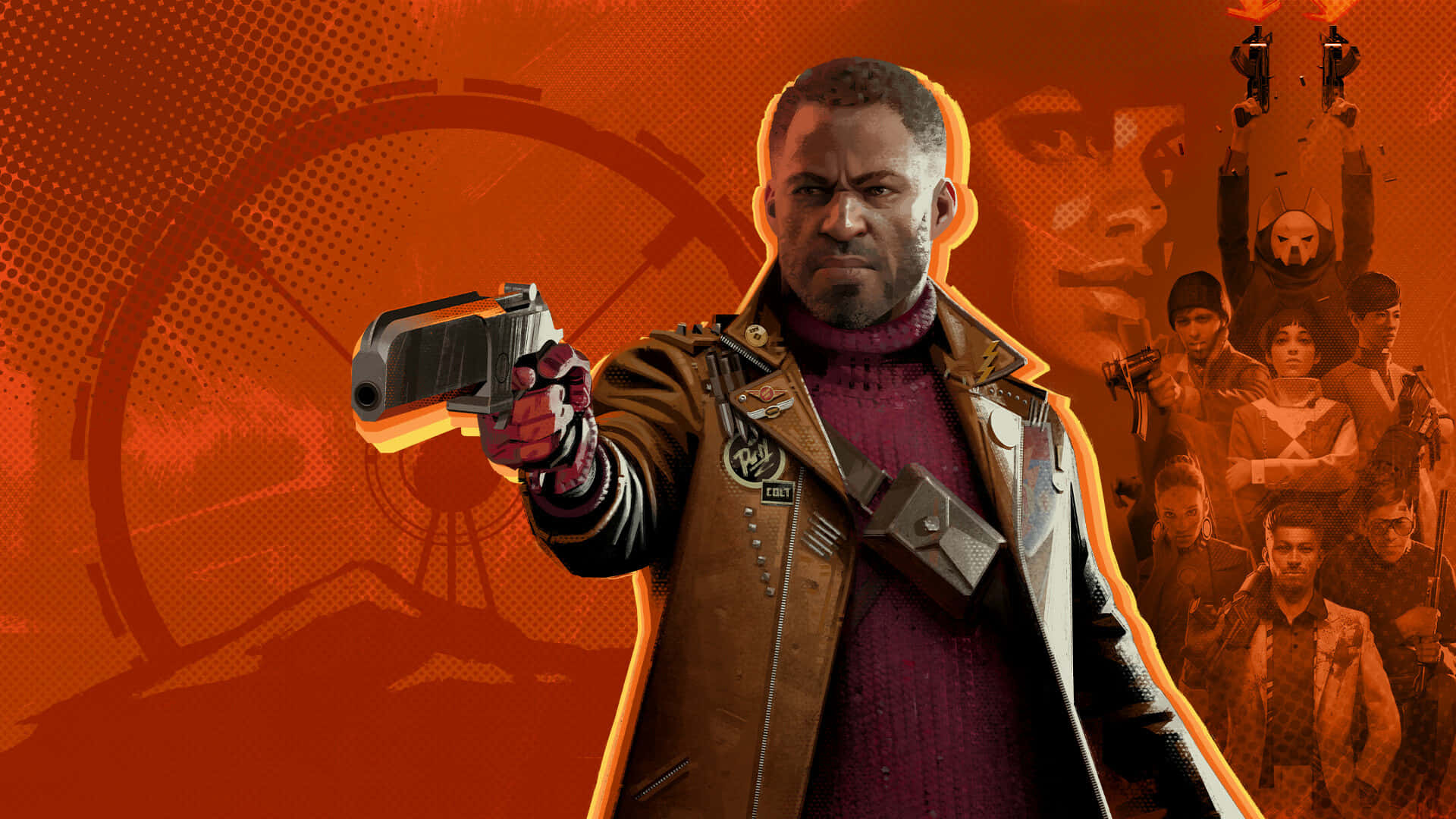 A Man Holding A Gun In Front Of An Orange Background