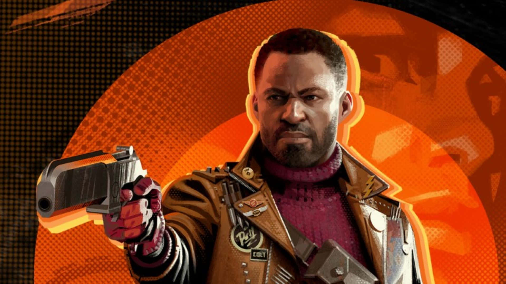 A Man Holding A Gun In Front Of An Orange Background