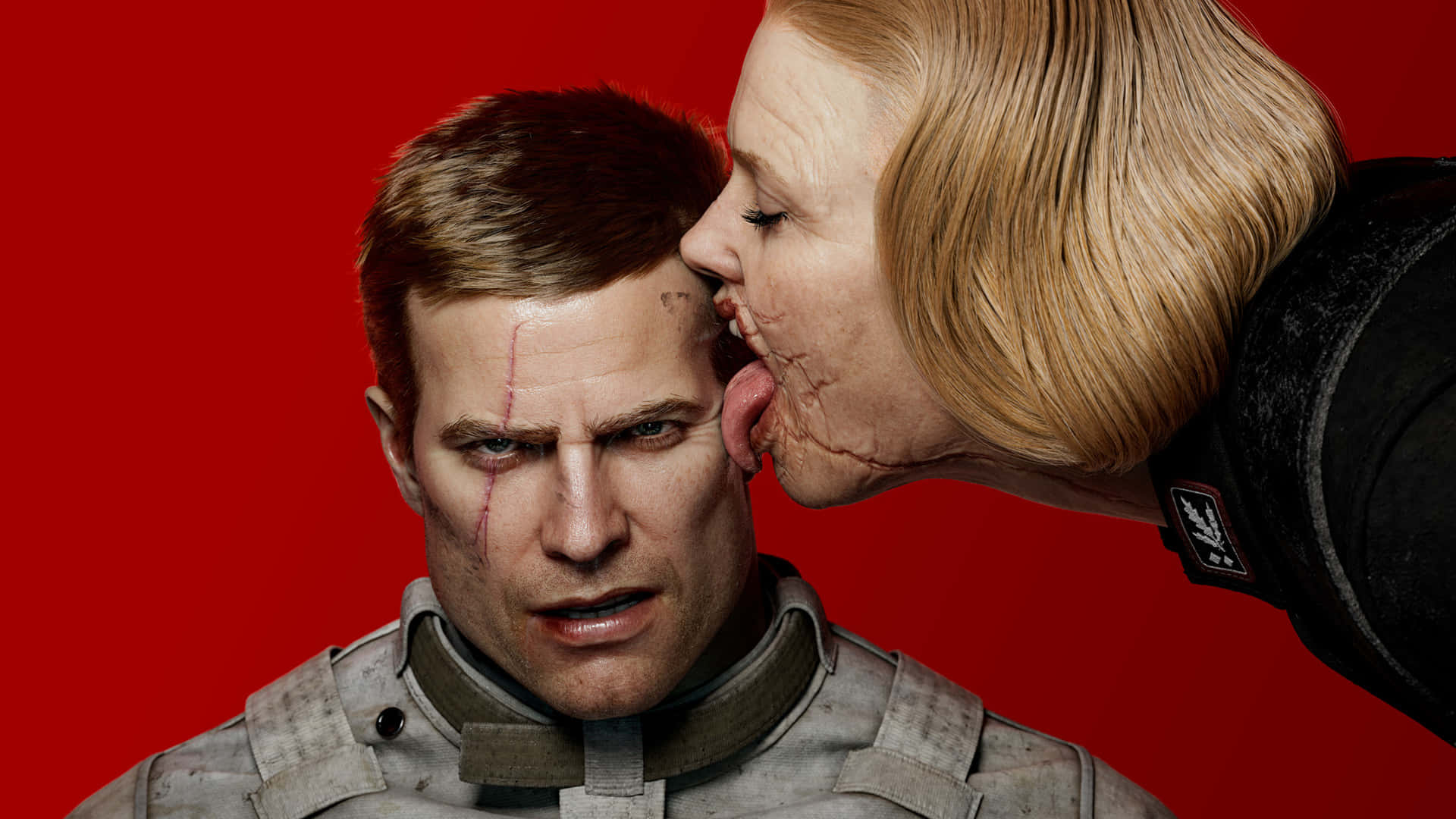 A Man And Woman Kissing Each Other On A Red Background