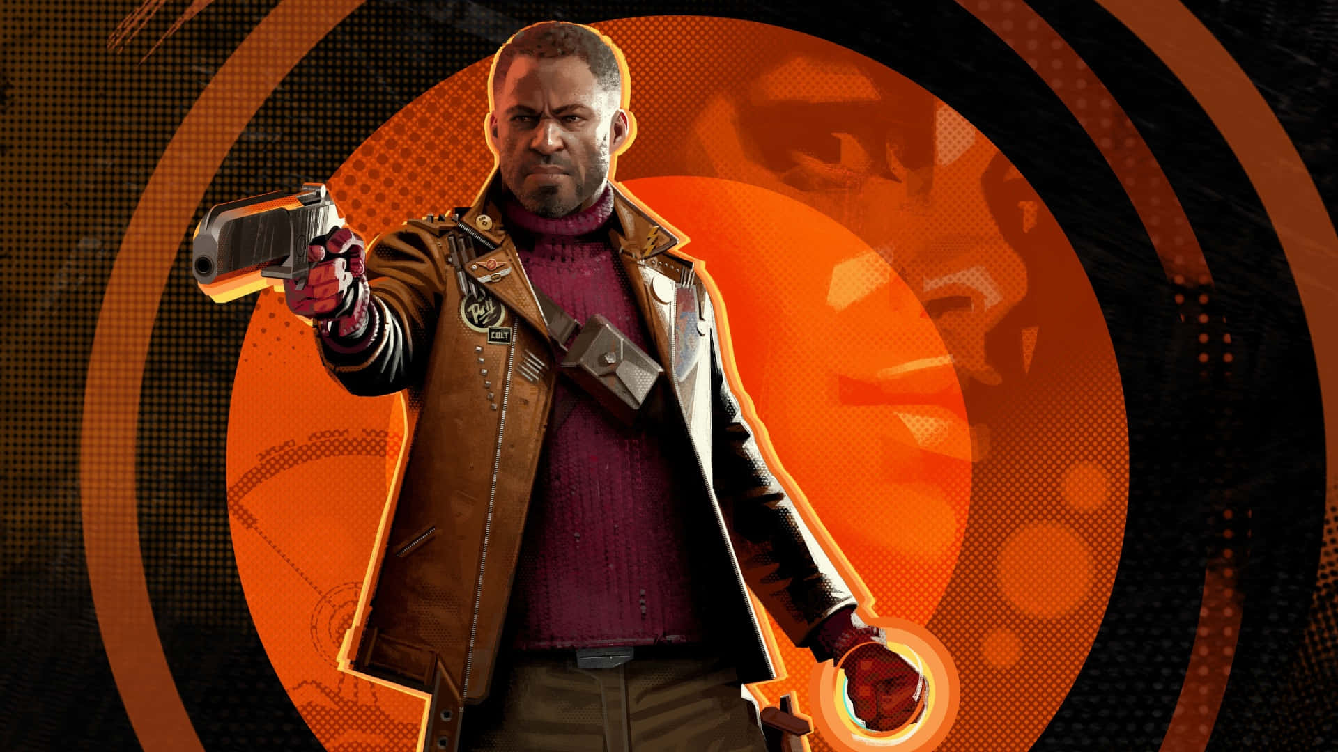 A Man In A Brown Jacket Holding A Gun