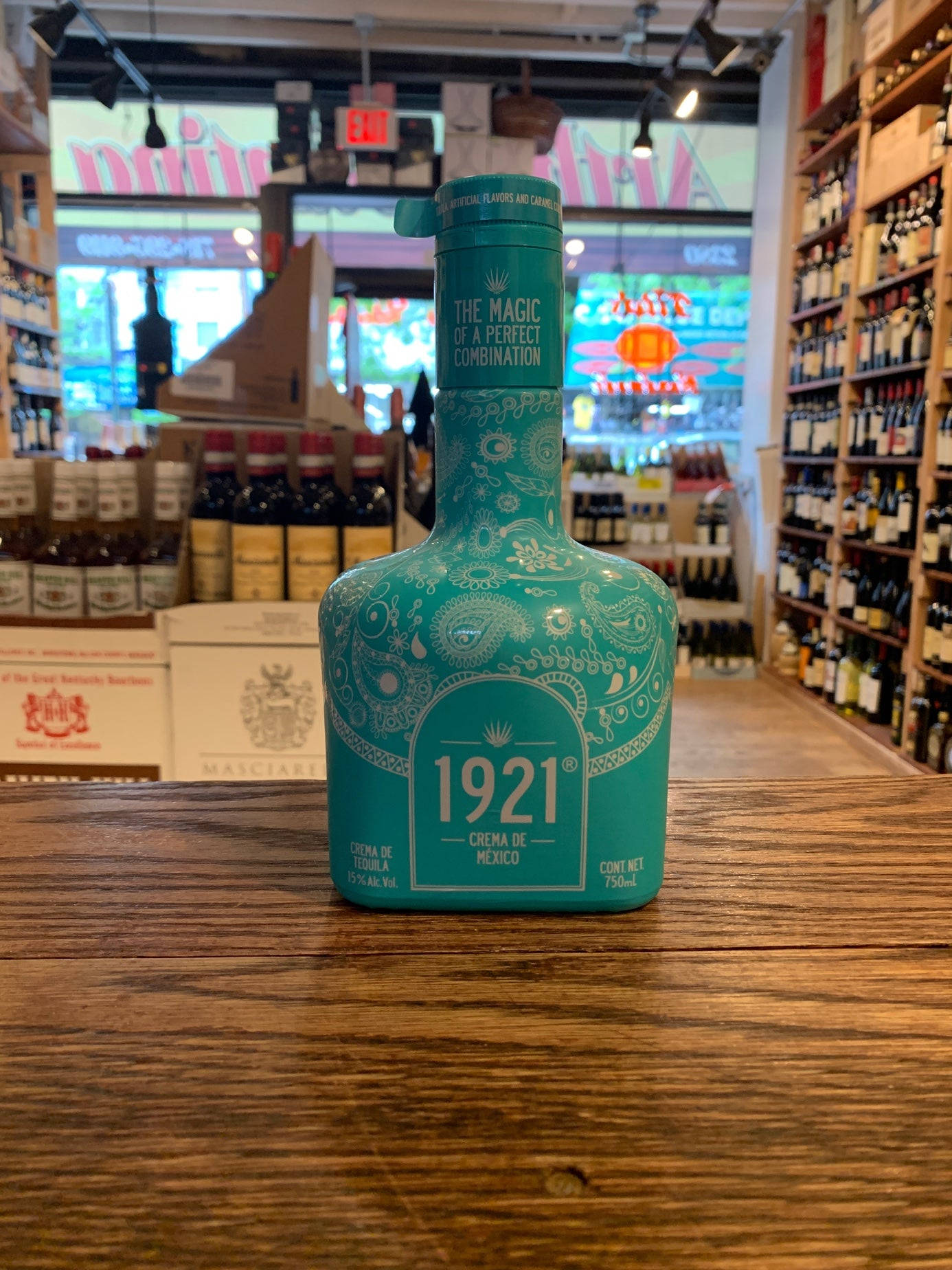 1921 Tequila Azul Maya Crema Bottle In Liquor Store Wallpaper