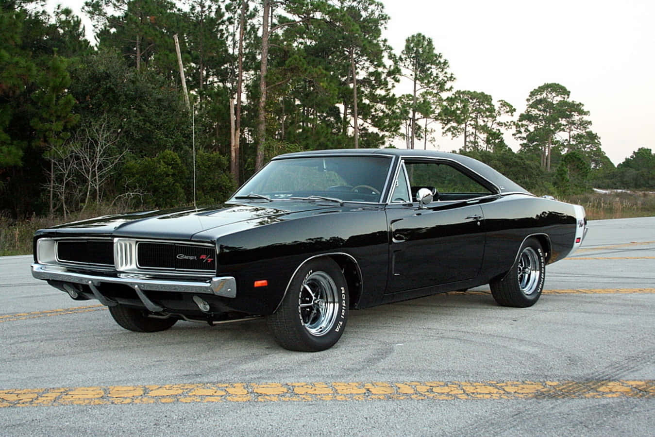A Black Muscle Car Is Parked On The Road