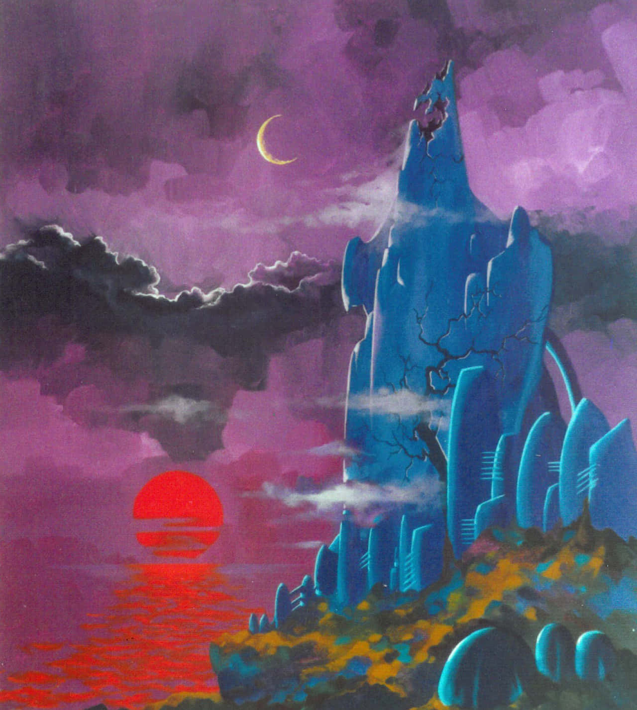A Painting Of A Castle With A Moon And Stars
