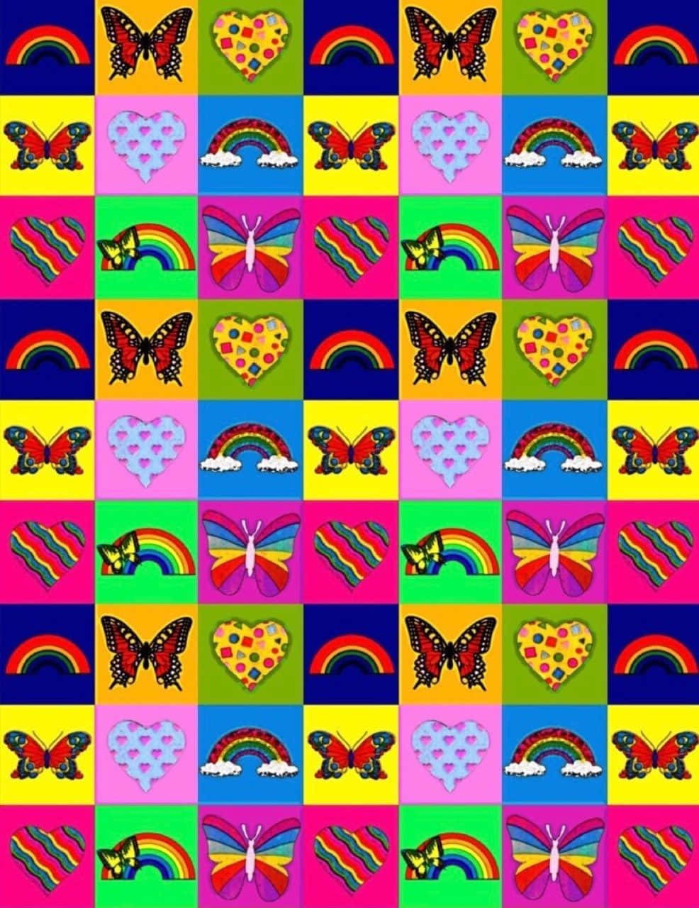 Arcoíris,mariposas, Corazones Y Estrellas En Un Fondo Colorido