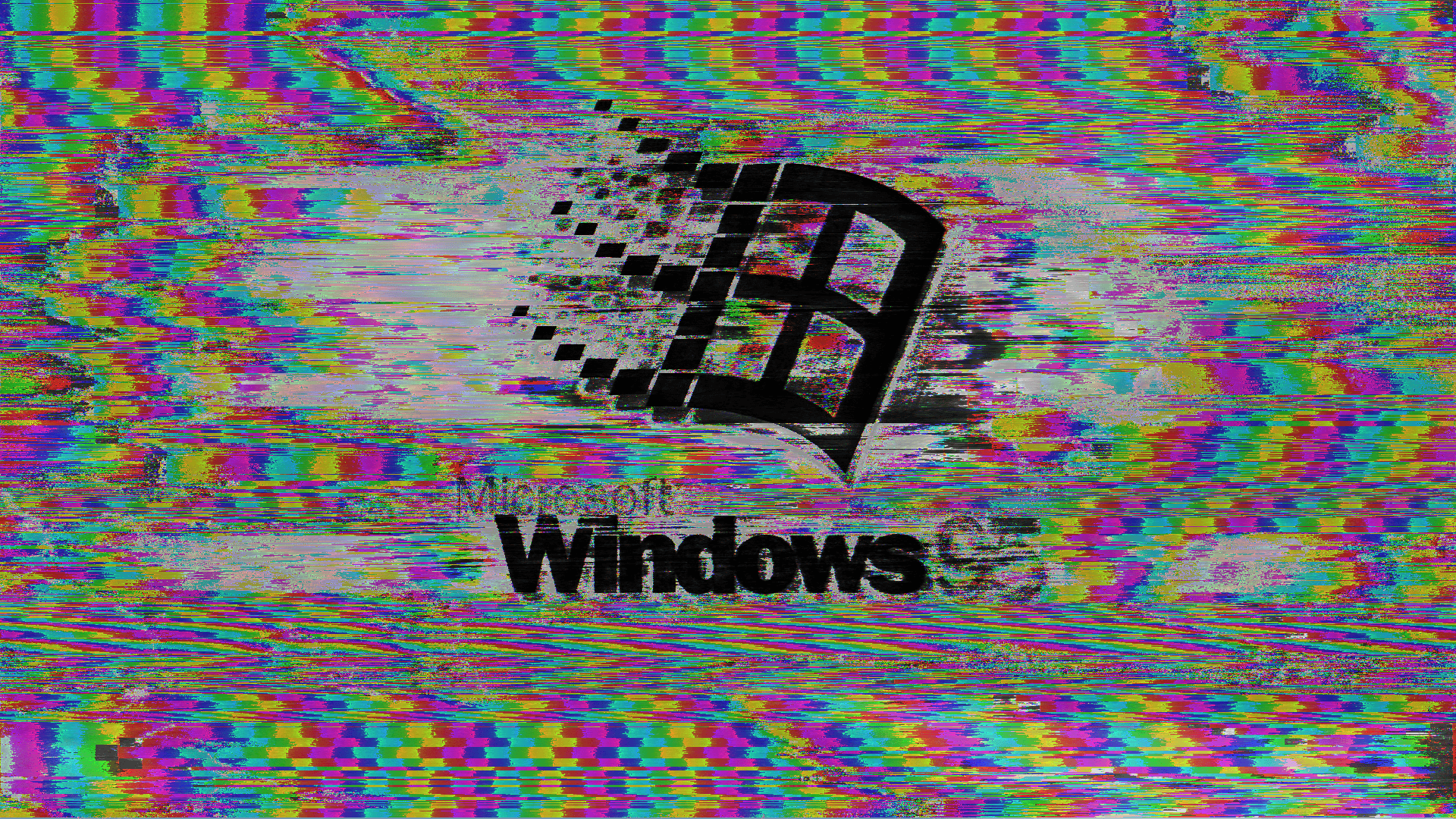 Technology Revolution of the 2000s Background — Windows 95 logo glitches and pixelates against a vibrant rainbow static background.