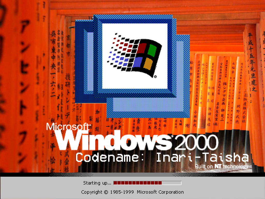Reliving the Vibe of the 2000s Background — Windows 2000 startup screen with iconic logo displayed on a pixelated monitor against a backdrop of vibrant orange Japanese torii gates.