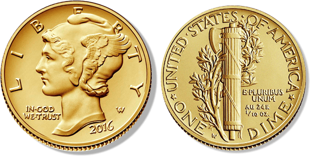 2016 U S Mercury Dime Centennial Gold Coin PNG